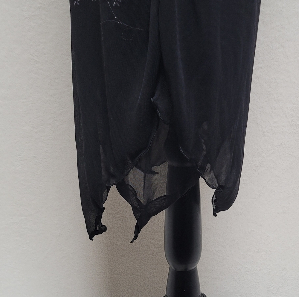 Vintage 90s AGB Black Semi-sheer Metallic Floral Handkerchief Hem Midi Dress 8 - Picture 8 of 13